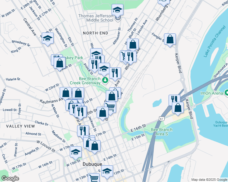 map of restaurants, bars, coffee shops, grocery stores, and more near 532 Rhomberg Avenue in Dubuque