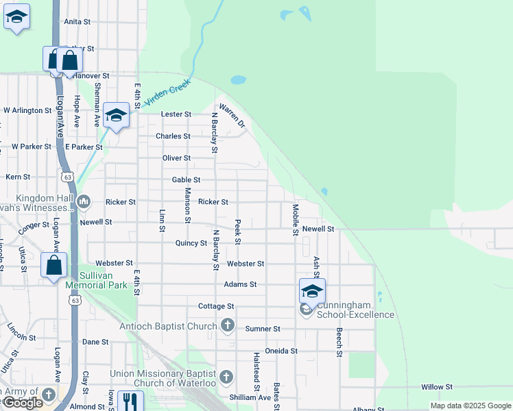 map of restaurants, bars, coffee shops, grocery stores, and more near 713 Ricker Street in Waterloo