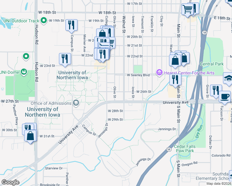 map of restaurants, bars, coffee shops, grocery stores, and more near 2515 Walnut Street in Cedar Falls