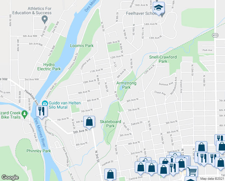map of restaurants, bars, coffee shops, grocery stores, and more near 840 North 7th Street in Fort Dodge