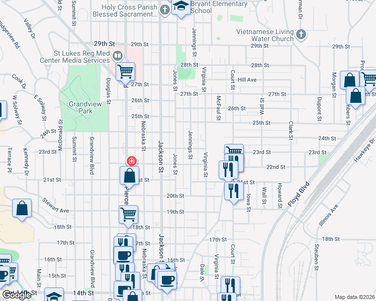 map of restaurants, bars, coffee shops, grocery stores, and more near 2308 Jones Street in Sioux City