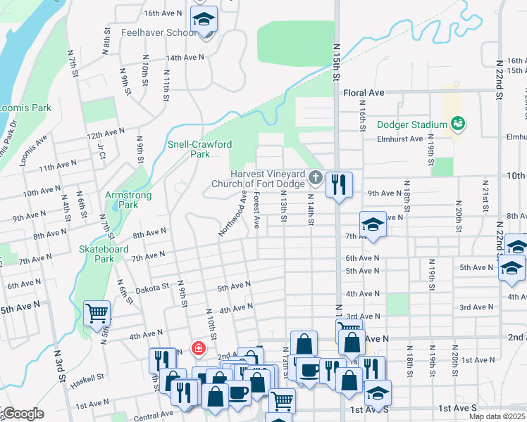 map of restaurants, bars, coffee shops, grocery stores, and more near 1256 8th Avenue North in Fort Dodge