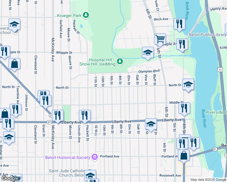map of restaurants, bars, coffee shops, grocery stores, and more near 1303 9th Street in Beloit