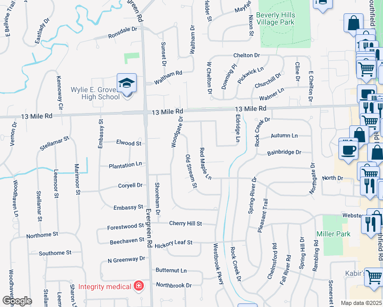 map of restaurants, bars, coffee shops, grocery stores, and more near 30705 Red Maple Lane in Southfield
