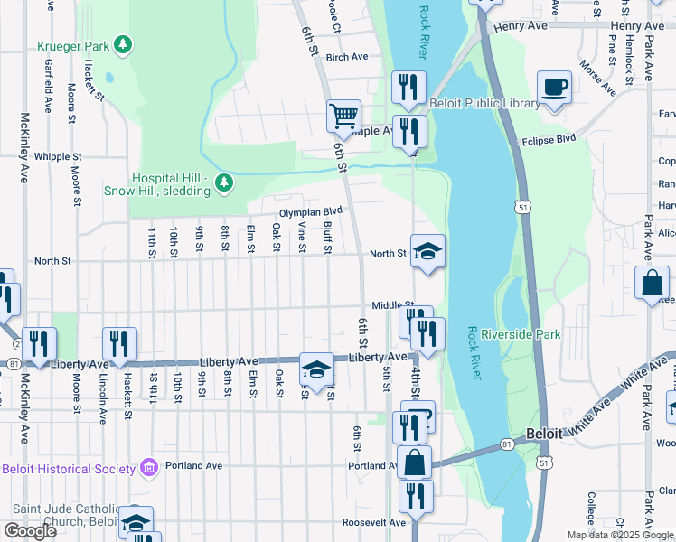 map of restaurants, bars, coffee shops, grocery stores, and more near 1257 Bluff Street in Beloit