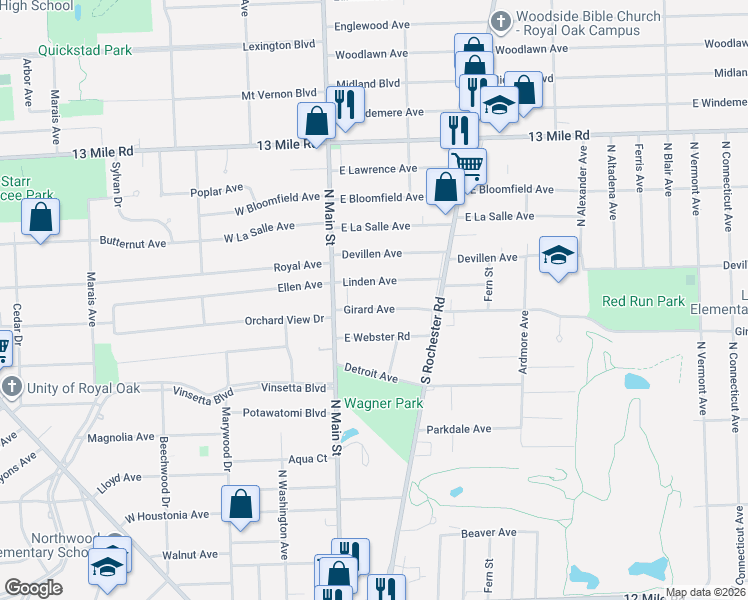 map of restaurants, bars, coffee shops, grocery stores, and more near 140 Linden Avenue in Royal Oak