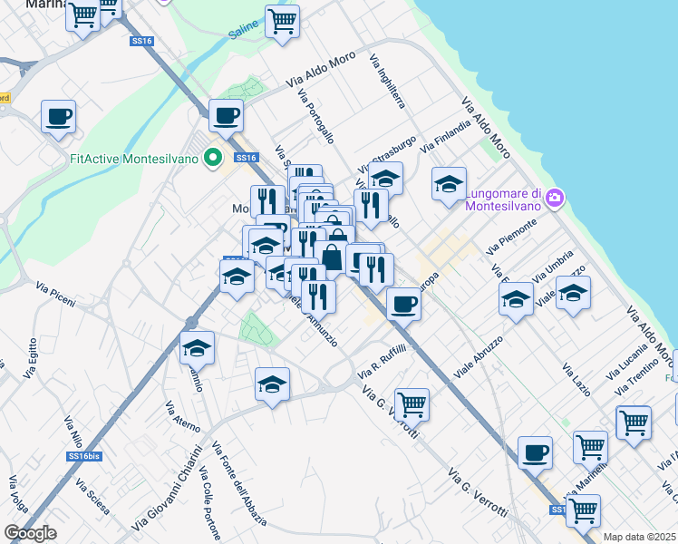 map of restaurants, bars, coffee shops, grocery stores, and more near 199 Corso Umberto I in Montesilvano