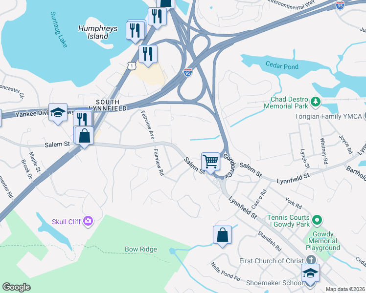 map of restaurants, bars, coffee shops, grocery stores, and more near 1 Locust Street in Lynnfield