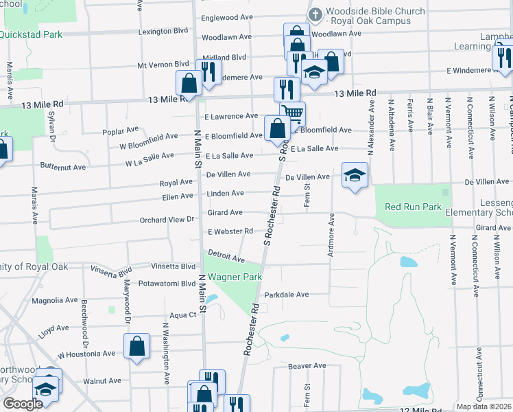 map of restaurants, bars, coffee shops, grocery stores, and more near 236 Linden Avenue in Royal Oak