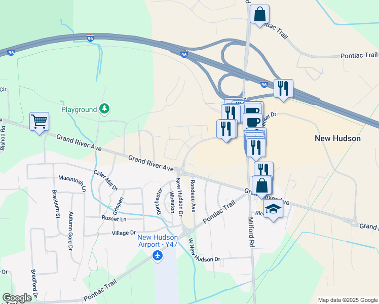 map of restaurants, bars, coffee shops, grocery stores, and more near 57275 Lyon Center Drive in Lyon Township
