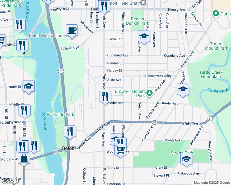 map of restaurants, bars, coffee shops, grocery stores, and more near 1008 Gerald Avenue in Beloit