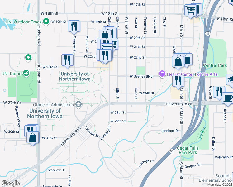 map of restaurants, bars, coffee shops, grocery stores, and more near 2516 College Street in Cedar Falls