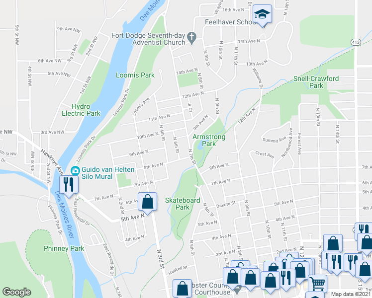map of restaurants, bars, coffee shops, grocery stores, and more near 840 North 7th Street in Fort Dodge