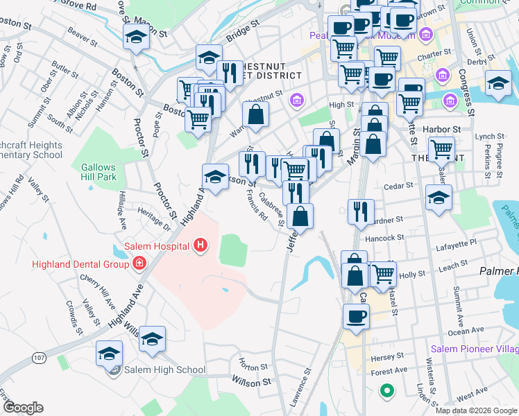 map of restaurants, bars, coffee shops, grocery stores, and more near 34 Jackson Street in Salem