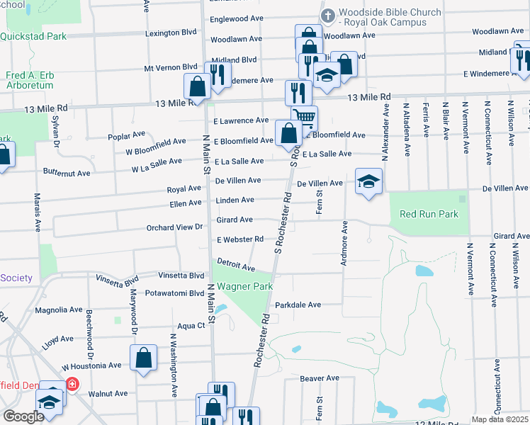 map of restaurants, bars, coffee shops, grocery stores, and more near 245 Girard Avenue in Royal Oak