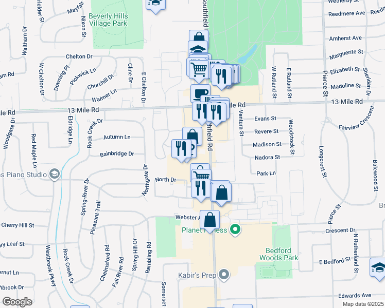 map of restaurants, bars, coffee shops, grocery stores, and more near 30555 Southfield Road in Southfield