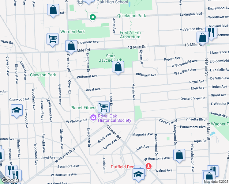 map of restaurants, bars, coffee shops, grocery stores, and more near 1133 Royal Avenue in Royal Oak