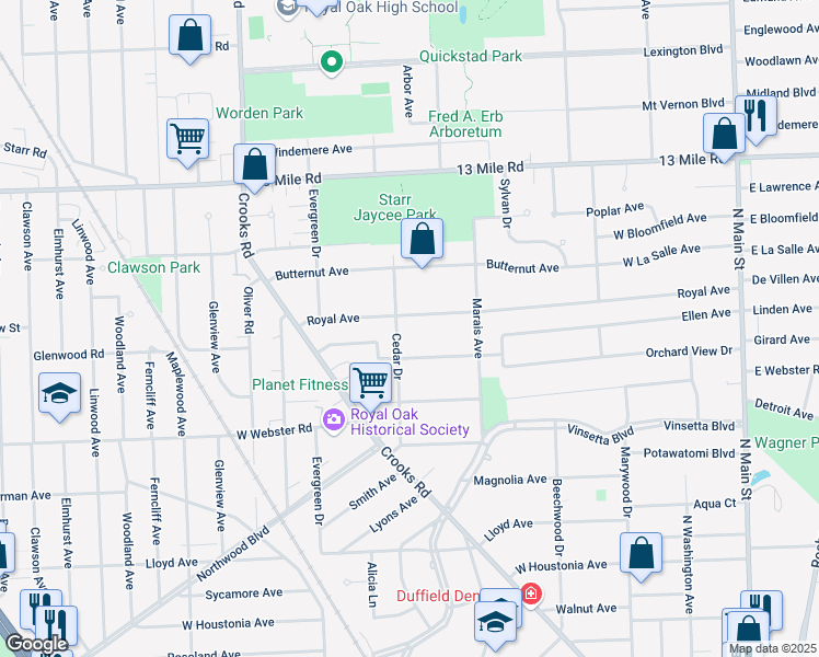 map of restaurants, bars, coffee shops, grocery stores, and more near 1133 Royal Avenue in Royal Oak
