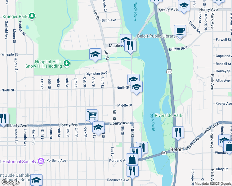 map of restaurants, bars, coffee shops, grocery stores, and more near 1243 6th Street in Beloit