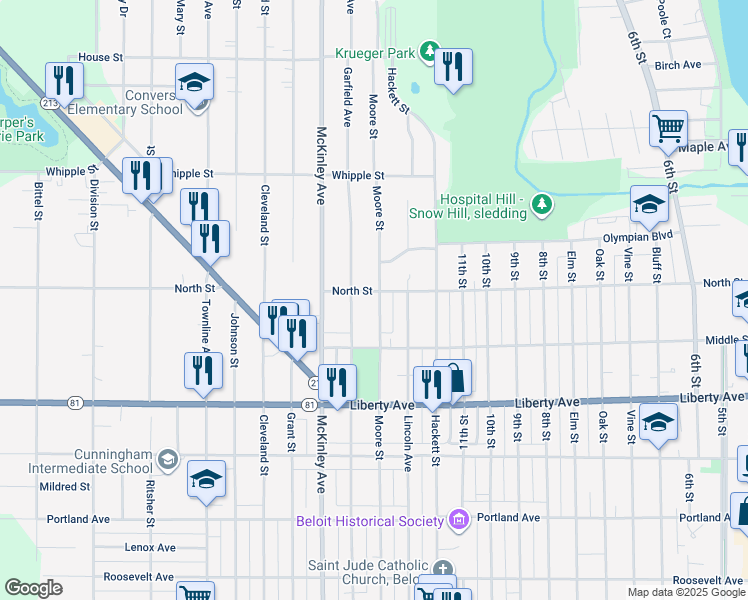 map of restaurants, bars, coffee shops, grocery stores, and more near 1250 Moore Street in Beloit