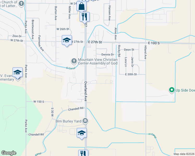 map of restaurants, bars, coffee shops, grocery stores, and more near 3023 Overland Avenue in Burley