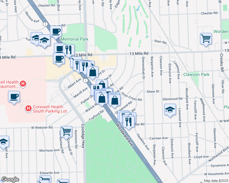 map of restaurants, bars, coffee shops, grocery stores, and more near 2830 Bembridge Road in Royal Oak