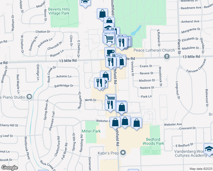 map of restaurants, bars, coffee shops, grocery stores, and more near 30555 Southfield Road in Southfield