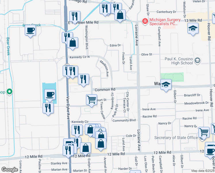 map of restaurants, bars, coffee shops, grocery stores, and more near 8545 Common Road in Warren