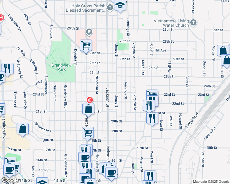 map of restaurants, bars, coffee shops, grocery stores, and more near 2308 Jones Street in Sioux City