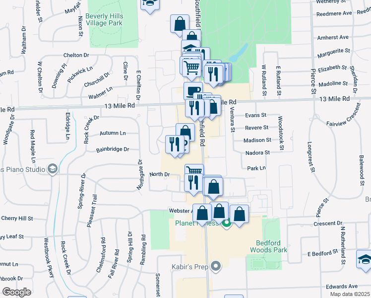 map of restaurants, bars, coffee shops, grocery stores, and more near 30555 Southfield Road in Southfield