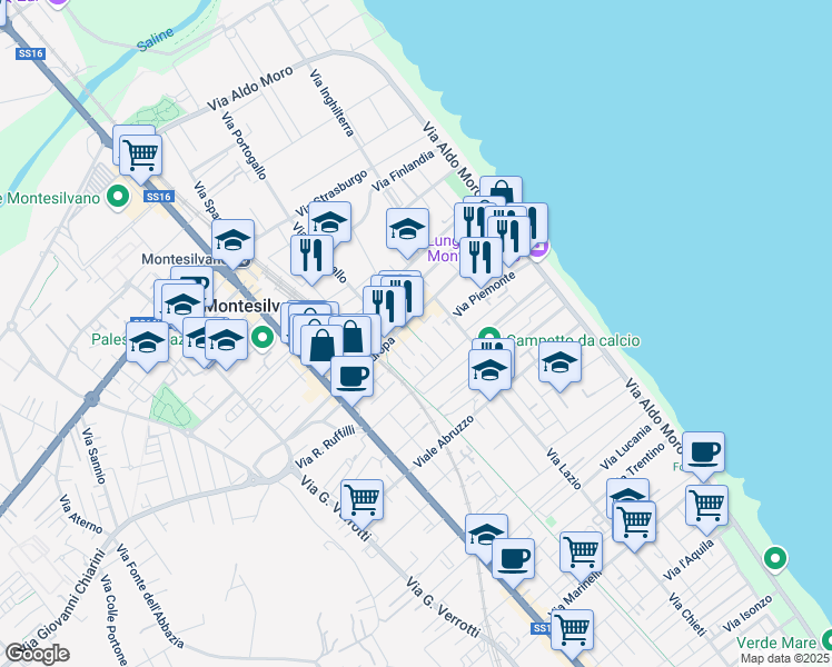 map of restaurants, bars, coffee shops, grocery stores, and more near 36A Via Danimarca in Montesilvano