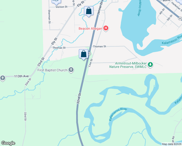 map of restaurants, bars, coffee shops, grocery stores, and more near 1297 32nd Street in Allegan