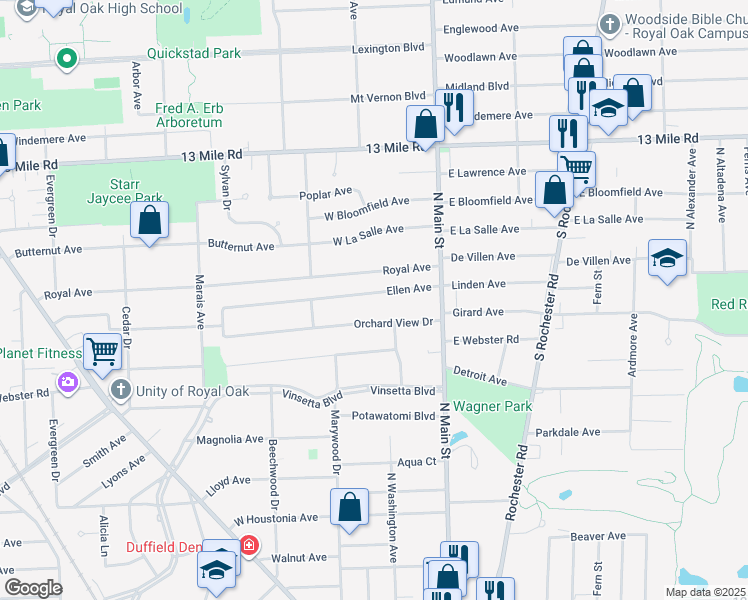 map of restaurants, bars, coffee shops, grocery stores, and more near 311 Ellen Avenue in Royal Oak