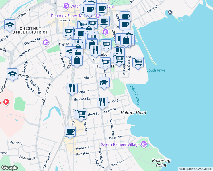 map of restaurants, bars, coffee shops, grocery stores, and more near 16 Leavitt Street in Salem