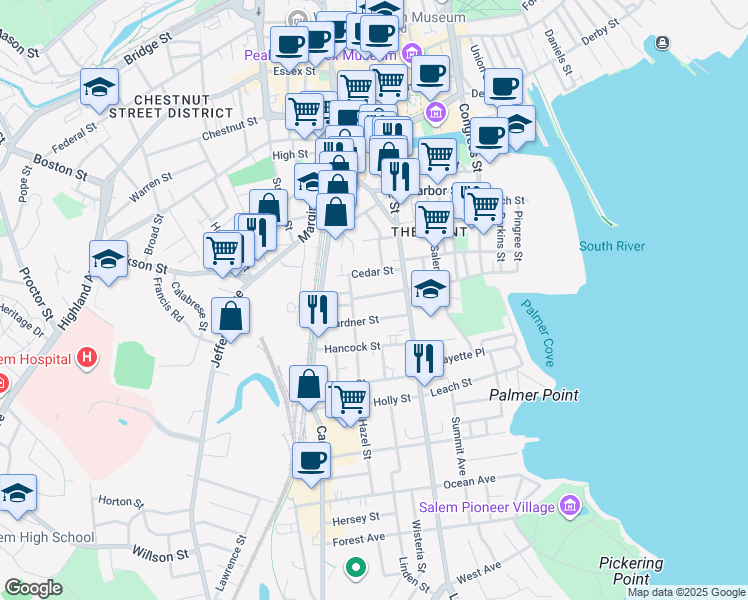 map of restaurants, bars, coffee shops, grocery stores, and more near 12 Fairfield Street in Salem
