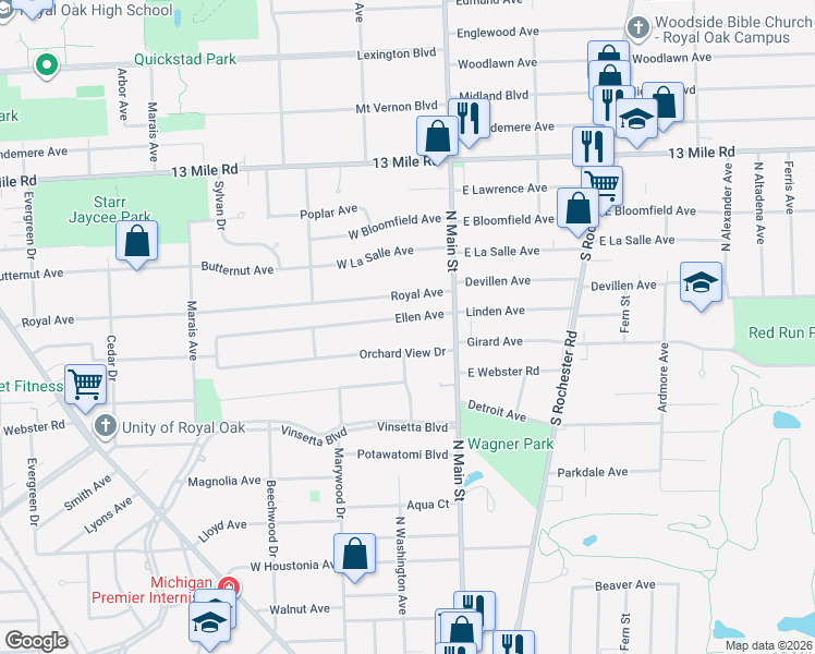 map of restaurants, bars, coffee shops, grocery stores, and more near 115 Ellen Avenue in Royal Oak
