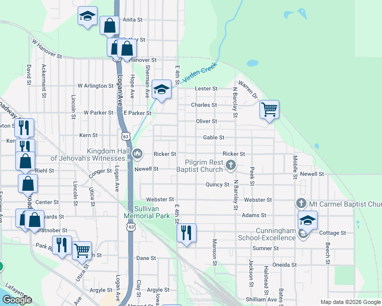 map of restaurants, bars, coffee shops, grocery stores, and more near 303 Ricker Street in Waterloo