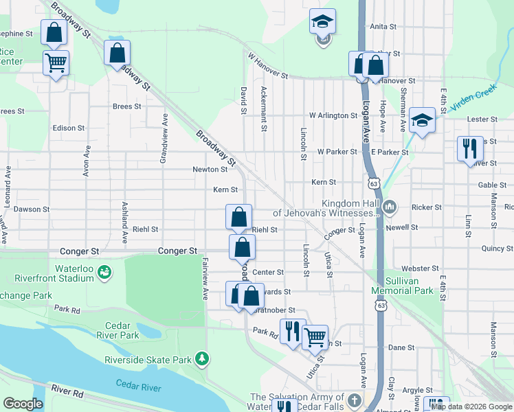 map of restaurants, bars, coffee shops, grocery stores, and more near 912 Broadway St in Waterloo