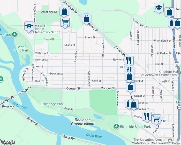 map of restaurants, bars, coffee shops, grocery stores, and more near 744 Dawson Street in Waterloo