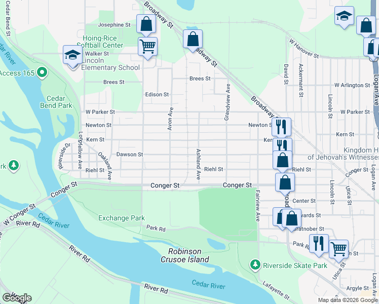 map of restaurants, bars, coffee shops, grocery stores, and more near 816 Dawson Street in Waterloo