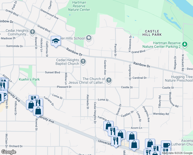 map of restaurants, bars, coffee shops, grocery stores, and more near 2610 Cedar Heights Drive in Cedar Falls