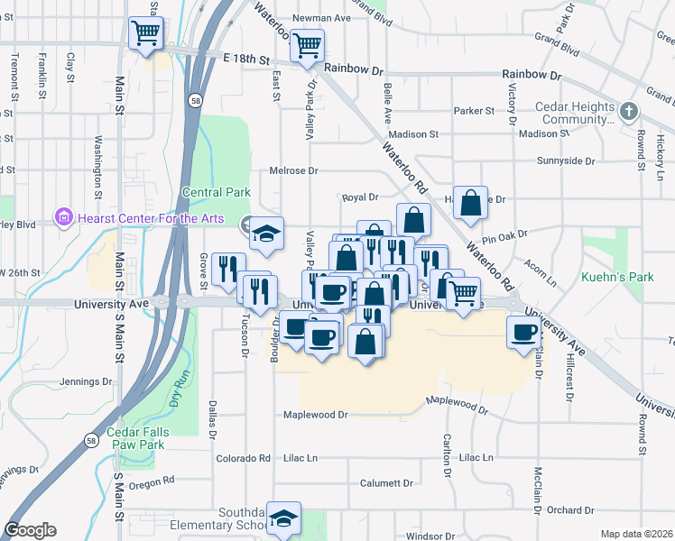 map of restaurants, bars, coffee shops, grocery stores, and more near 2517 Royal Drive in Cedar Falls