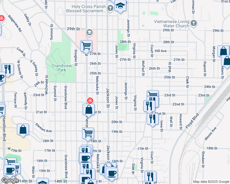 map of restaurants, bars, coffee shops, grocery stores, and more near 2308 Jones Street in Sioux City