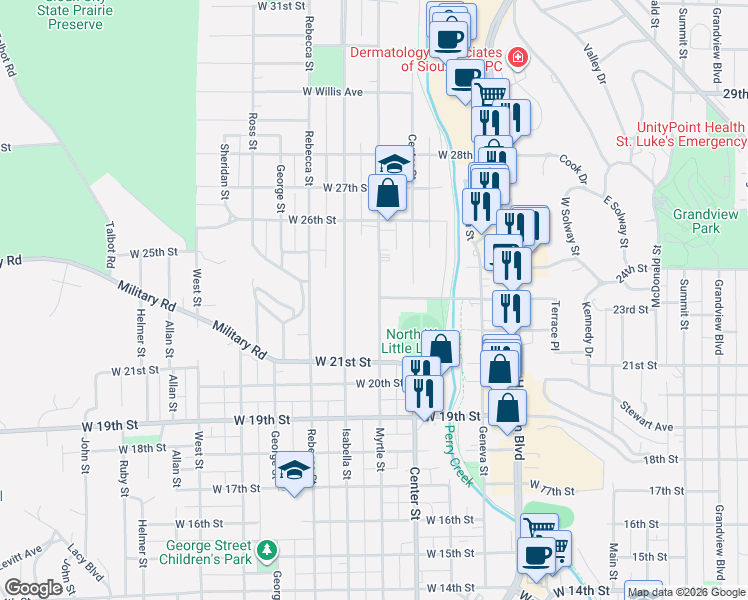 map of restaurants, bars, coffee shops, grocery stores, and more near 2301-2309 Myrtle Street in Sioux City