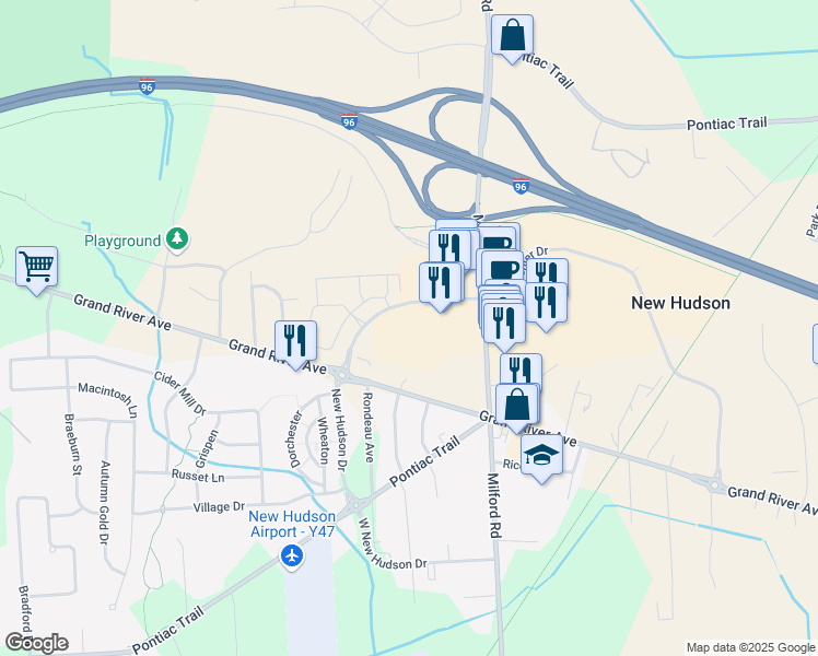 map of restaurants, bars, coffee shops, grocery stores, and more near 57275 Lyon Center Drive in Lyon Township
