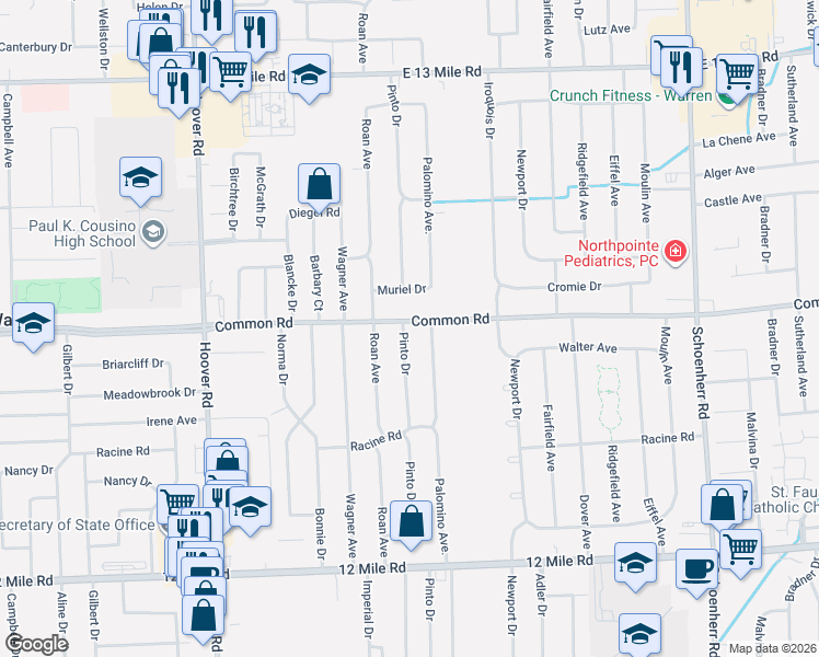 map of restaurants, bars, coffee shops, grocery stores, and more near 12357 Common Road in Warren
