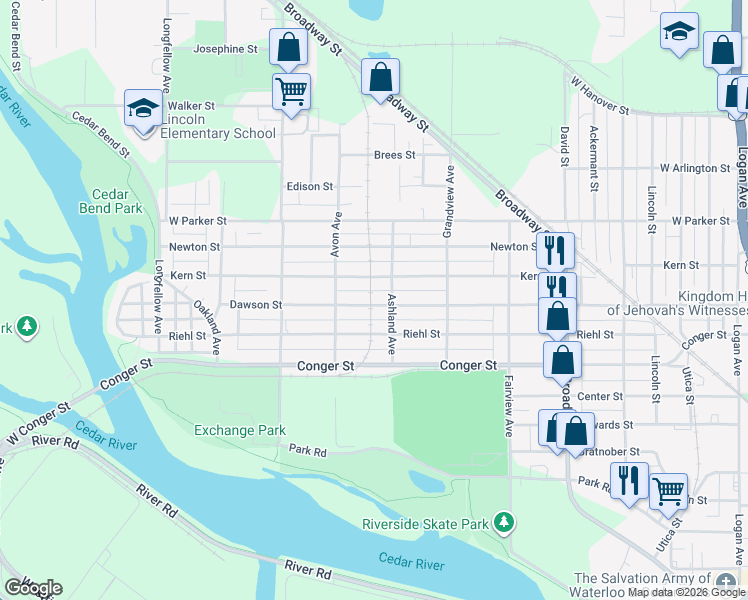 map of restaurants, bars, coffee shops, grocery stores, and more near 816 Dawson Street in Waterloo