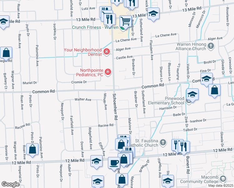 map of restaurants, bars, coffee shops, grocery stores, and more near 29856 Schoenherr Road in Warren