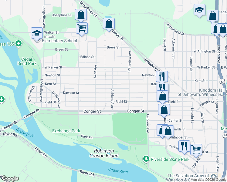 map of restaurants, bars, coffee shops, grocery stores, and more near 744 Dawson Street in Waterloo