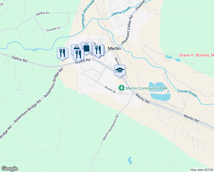 map of restaurants, bars, coffee shops, grocery stores, and more near 190 Acorn Street in Merlin